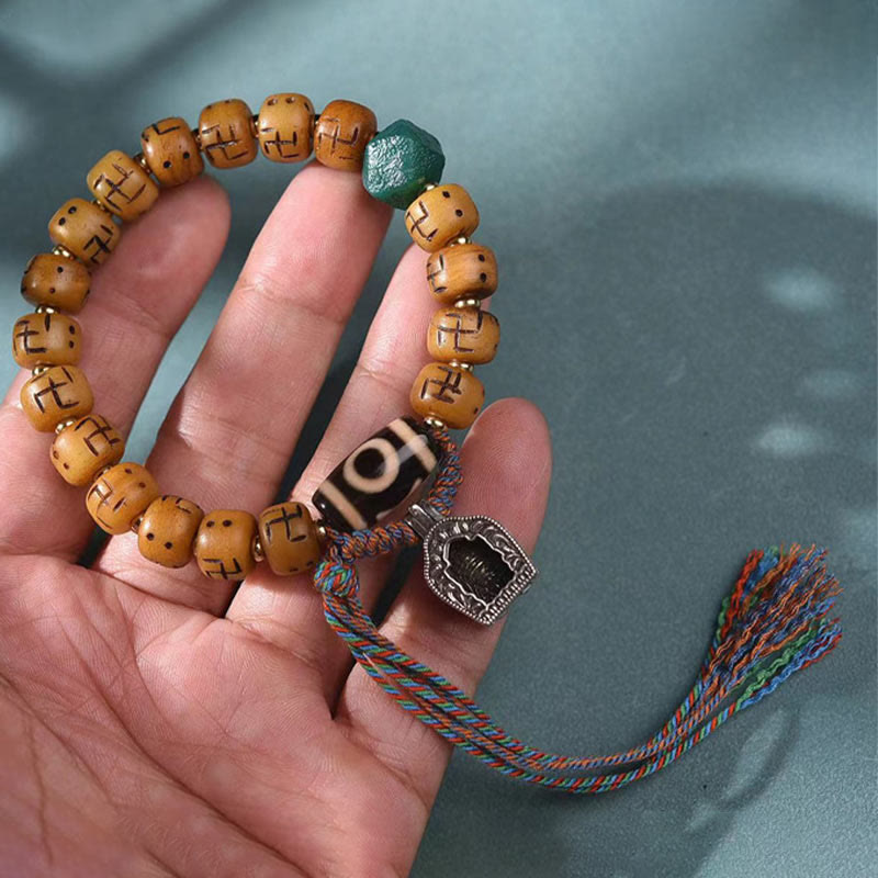 Natural Tibetan Camel Bone Swastika Dzi Bead Shankha mystic zen Charm Kirtimukha Luck Protection Tassel Bracelet