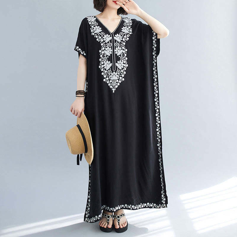Summer Embroidery Flower V-Neck Short Sleeve Maxi Dress