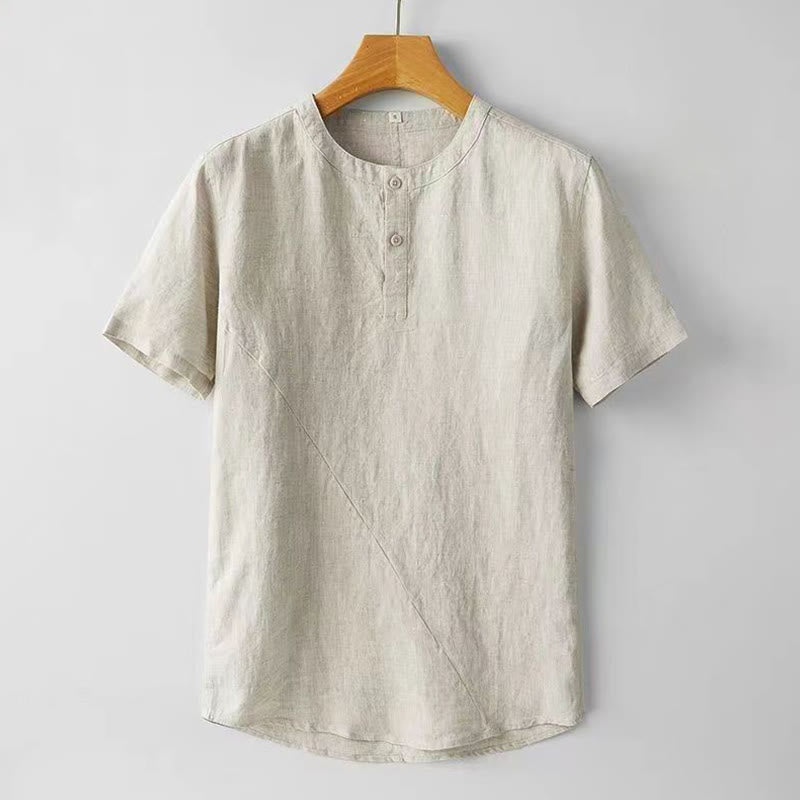 Summer Men's Solid Color Button Short Sleeve Linen Shirt