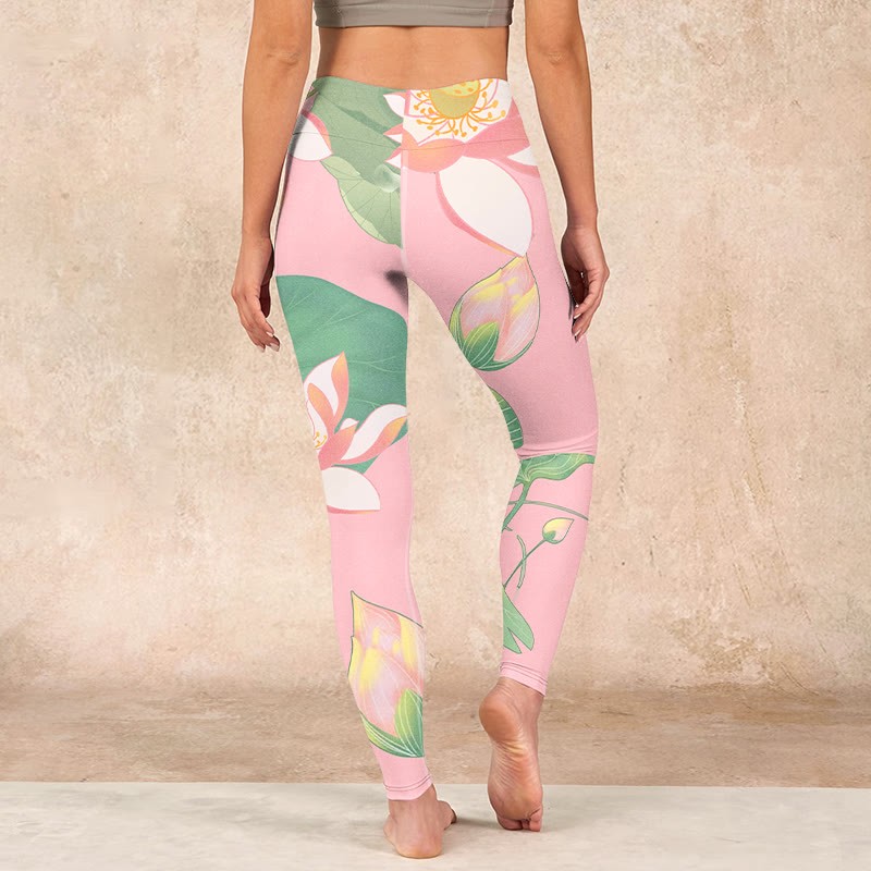 Pink Lotus Flower Leaf Print Gym Fitness Leggings Women's Yoga Pants