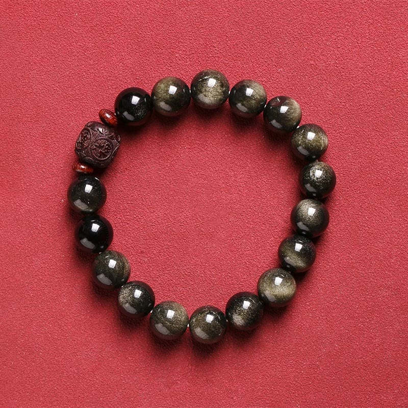 Natural Gold Sheen Obsidian Rainbow Obsidian Om Mani Padme Hum Fu Character Healing Bracelet