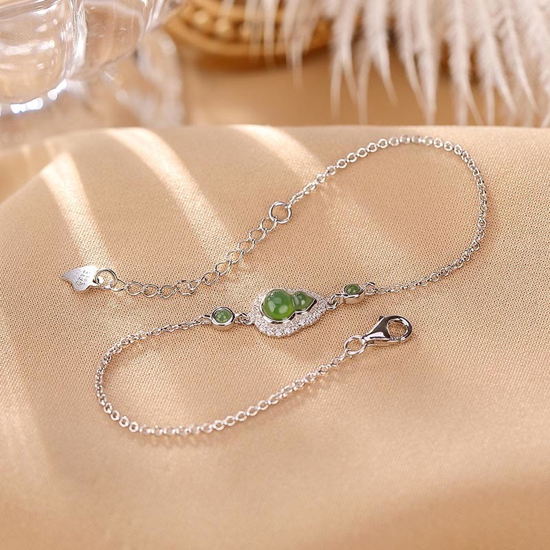 925 Sterling Silver Plated Gold Natural Hetian Cyan Jade Gourd Luck Bracelet Ring Set