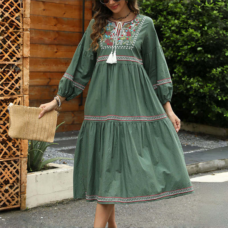 DarkGreen Retro Ethnic Embroidery Long Lantern Sleeve Linen Cotton Midi Dress
