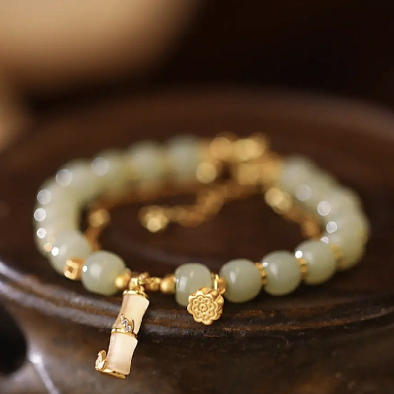 Natural Hetian Jade Prosperity Lotus Bamboo Charm Bracelet