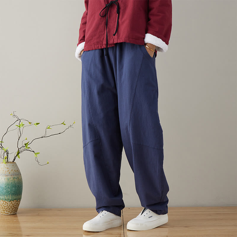 Casual Plain Loose Women's Cotton Pants With Pockets
