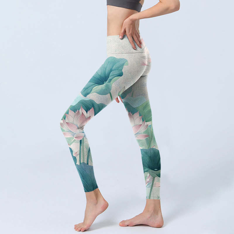 Blooming  White Pink Lotus Leaves Print Gym Leggings Women's Yoga Pants