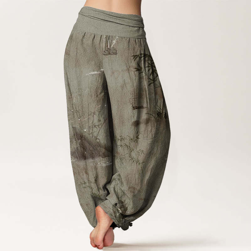 Casual Bamboo Rock Ink Painting Women's Elastic Waist Harem Pants