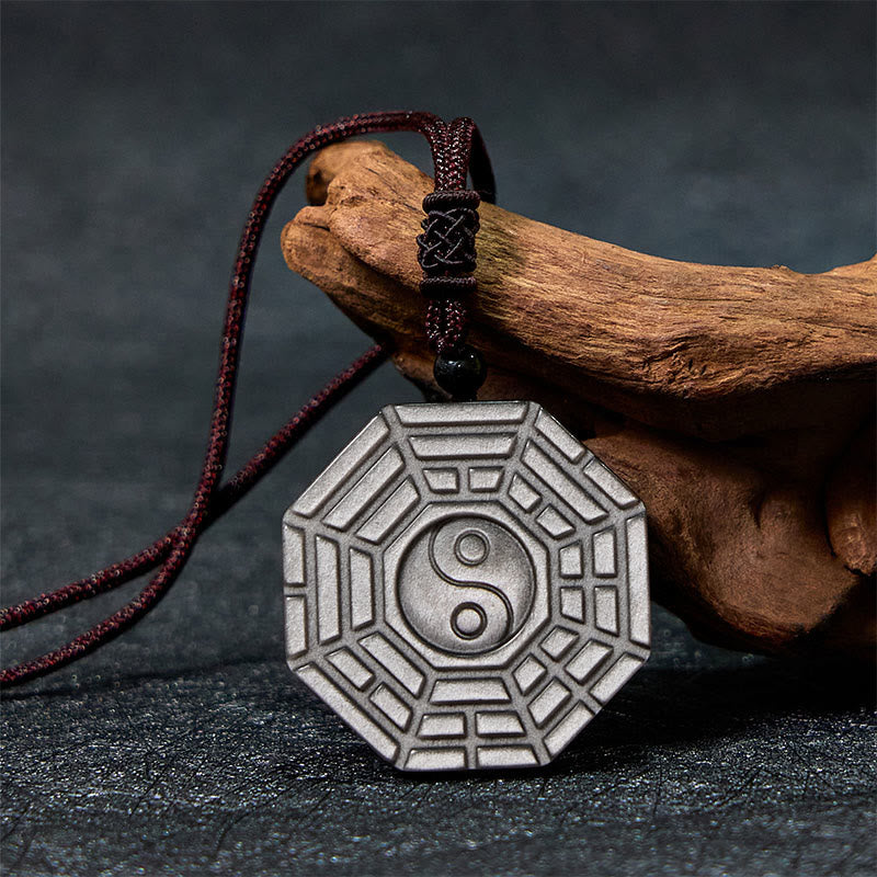 Silver Sheen Obsidian Bagua Yin Yang Symbol Protection Necklace Pendant
