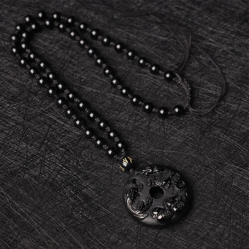 Black Obsidian Dragon Phoenix Mandarin Duck Luck Protection Necklace Pendant