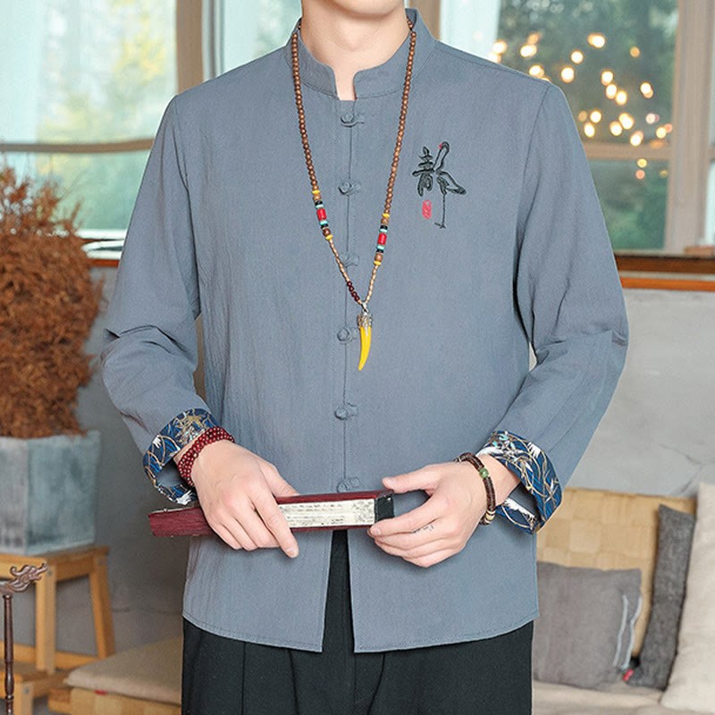Fall Solid Long Sleeve Frog-Button Shirt Linen Men Zen Clothing