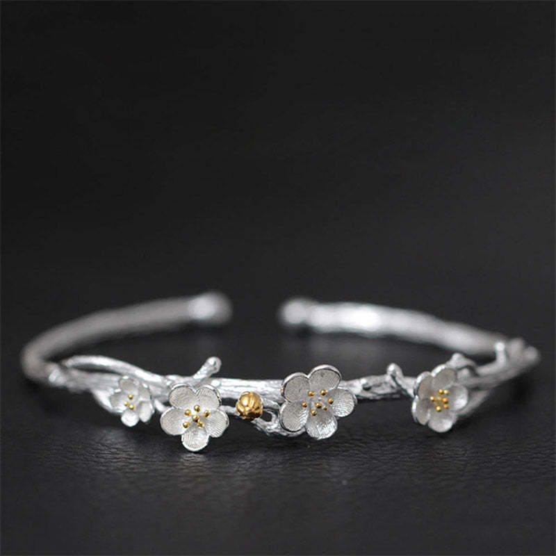 925 Sterling Silver Plum Flower Blessing Bracelet Adjustable Bangle
