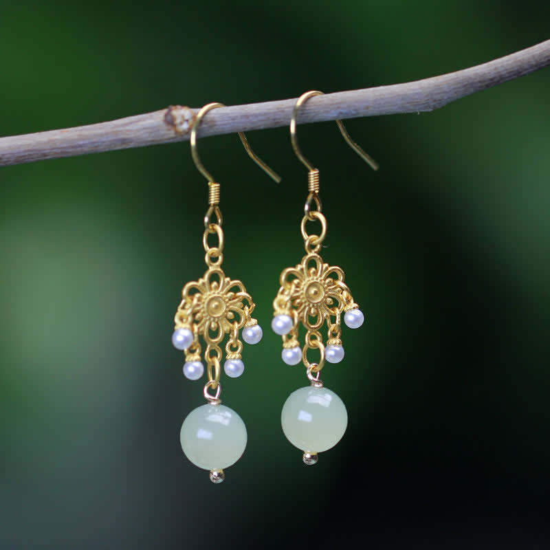 Hetian Jade Flower Pattern 14K Gold Plated Luck Drop Dangle Earrings