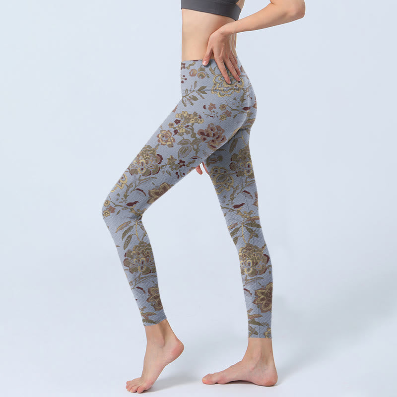 Grey Green Leaves Flowers Print Gym Leggings Women's Yoga Pants