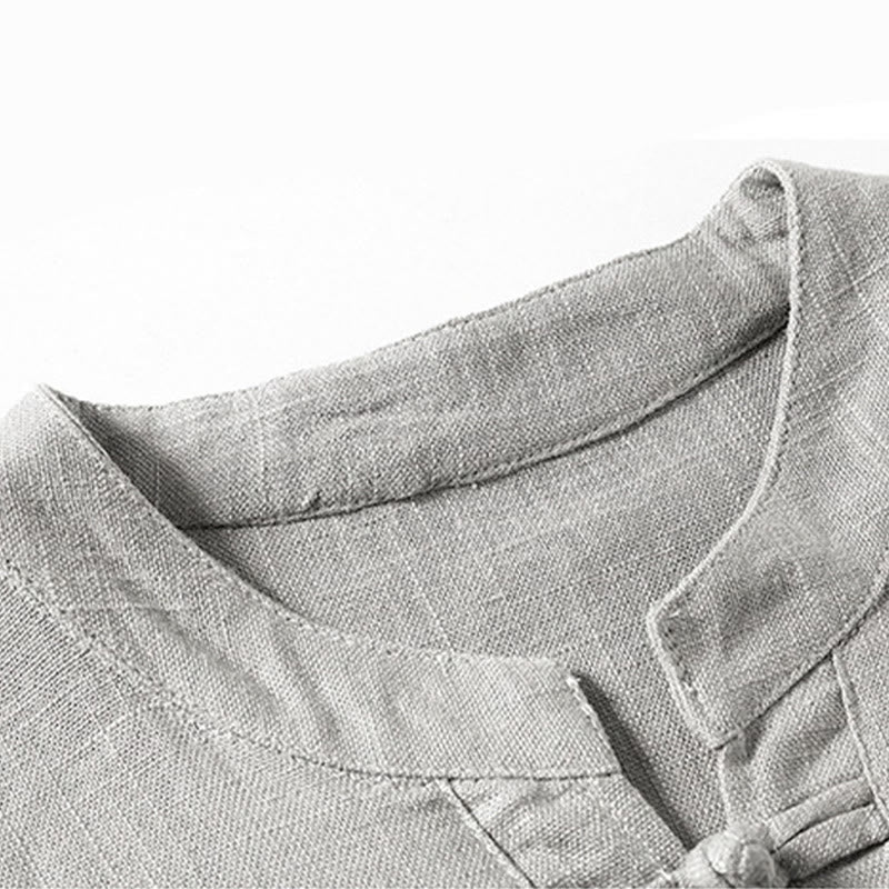 Loose Men's Shirt Solid Color Notched Neck Top Short Sleeve Comfy Button Breathable Cotton Linen Shirt