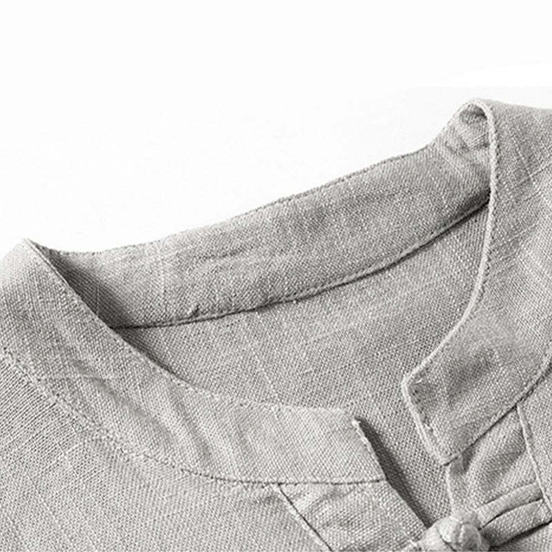 Loose Men's Shirt Solid Color Notched Neck Top Short Sleeve Comfy Button Breathable Cotton Linen Shirt