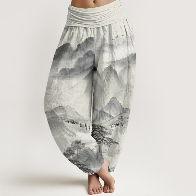 Mountains Trees Landscape Ink Painting Women's Elastic Waist Harem Pants
