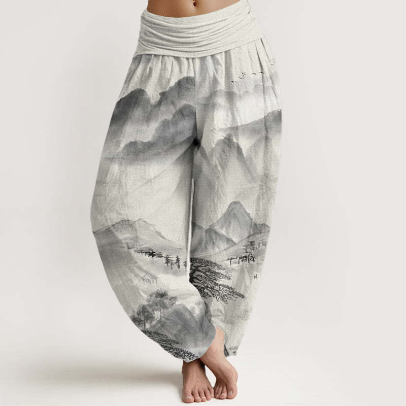Mountains Trees Landscape Ink Painting Women's Elastic Waist Harem Pants