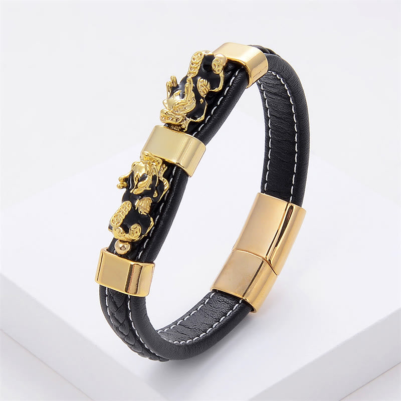 Double PiXiu Wealth Luck Leather Magnetic Buckle Bracelet