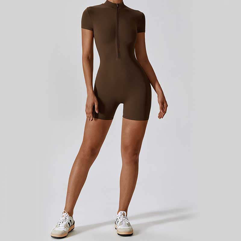 High Stretch Zipper Short Sleeve Jumpsuit Sports Fitness Yoga Women Bodysuit