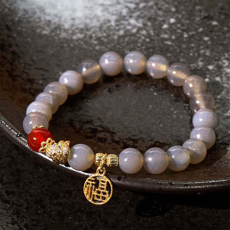 Year Of The Snake Gray Agate Red Agate Fu Character Positivity Bracelet