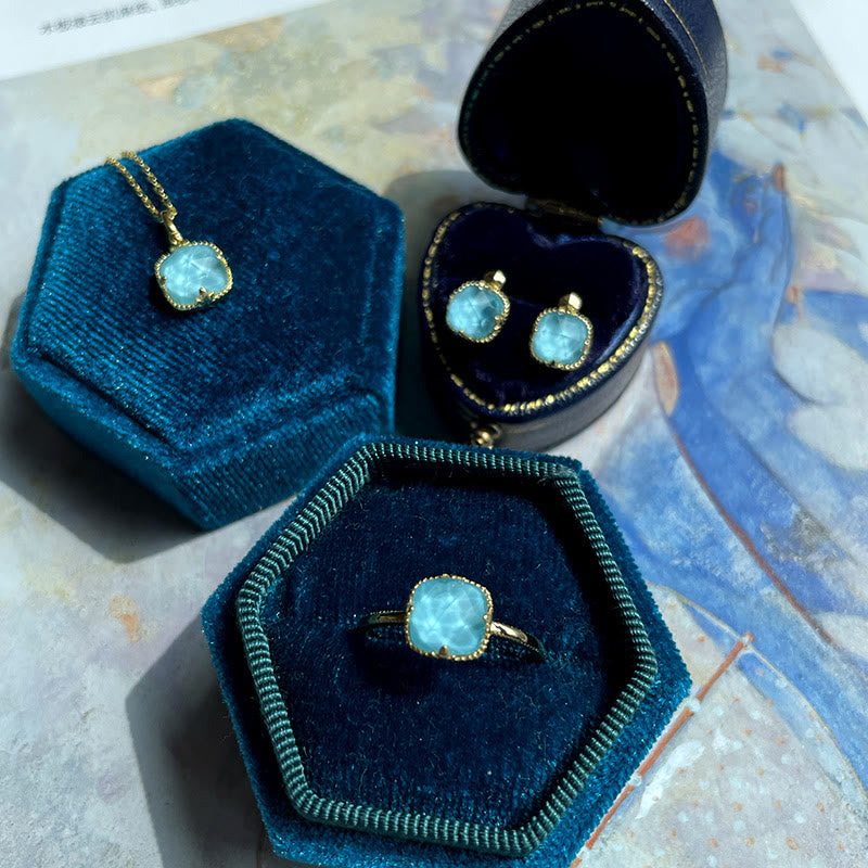 925 Sterling Silver Plated Gold Turquoise Protection Ring Earrings Necklace Pendant Set
