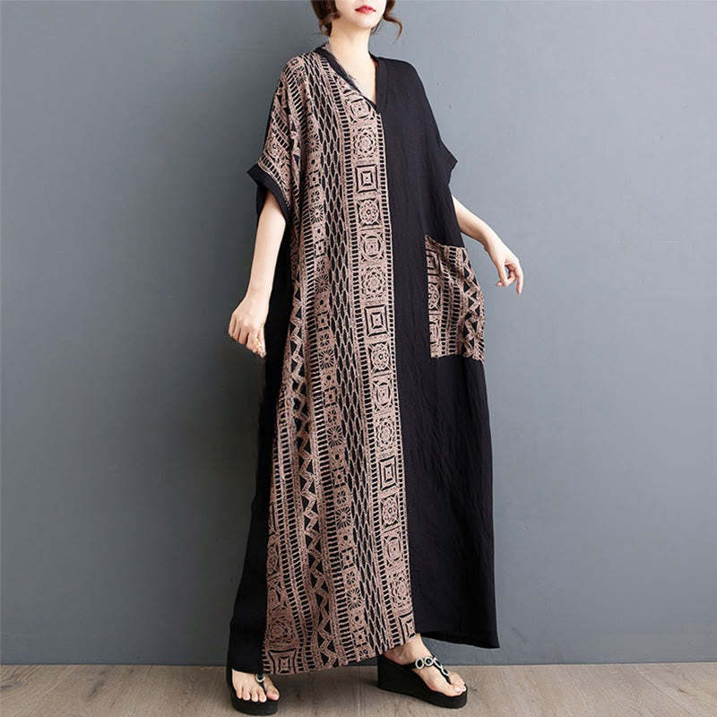 Casual Loose Printing Dyeing Cotton Linen V-neck Half Sleeve Design Midi Dress With Pockets