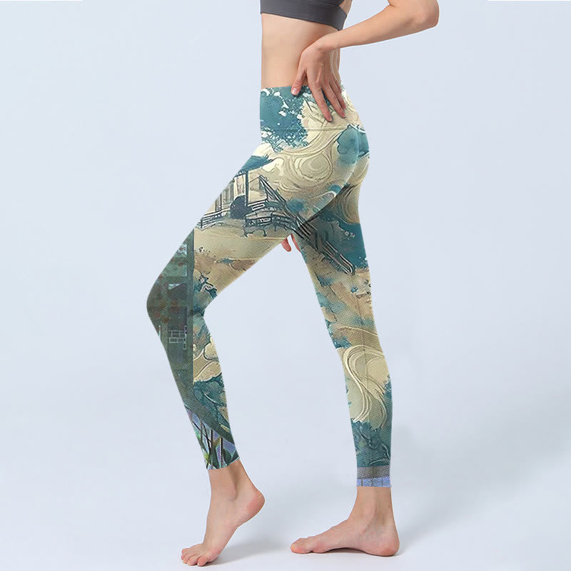 Chinese Architecture Dark Sea Green Print Fitness Leggings Women's Yoga Pants