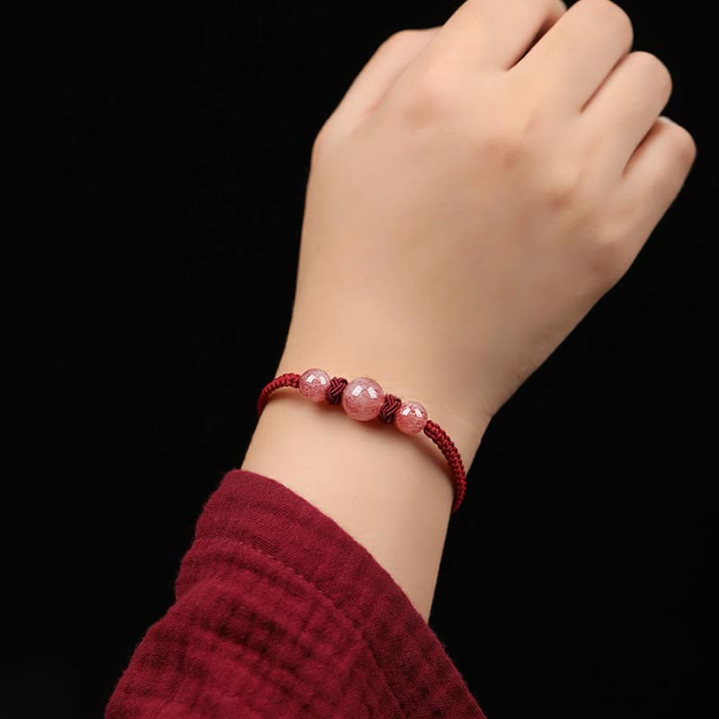 Natural Strawberry Quartz Crystal Love Red String Weave Bracelet Anklet