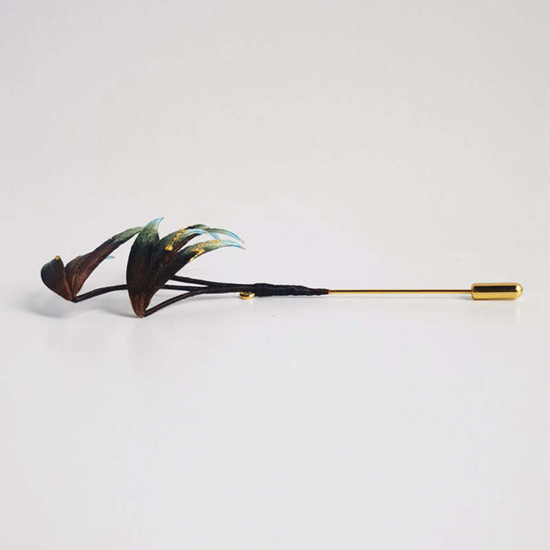Handmade Velvet Flower Mulberry Silk Green Bamboo Leaves Brooch