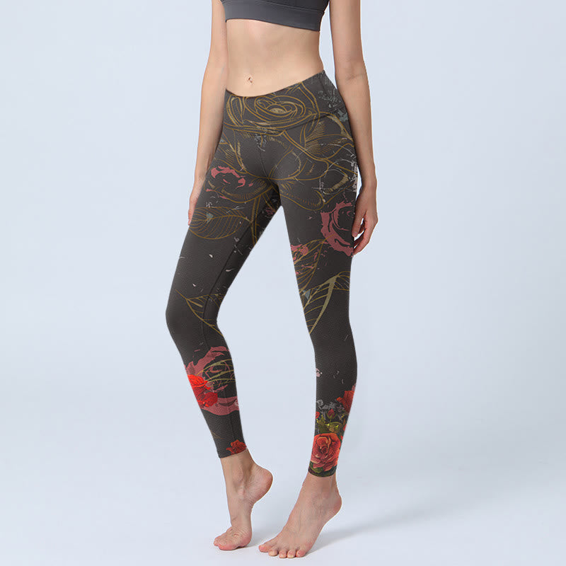 Red Roses Print Gym Leggings Women's Yoga Pants