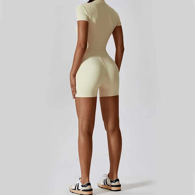 High Stretch Zipper Short Sleeve Jumpsuit Sports Fitness Yoga Women Bodysuit