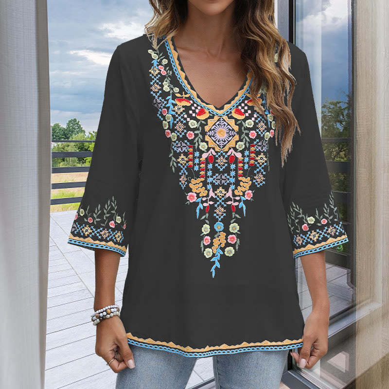 Spring Daily Embroidery Flower Pattern Long Sleeve V-neck Cotton Women's T-Shirt