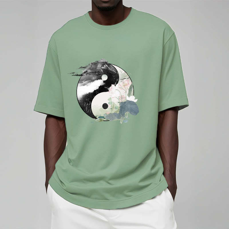 Yin Yang Lotus Leaf Ink Painting Cotton Tee T-shirt