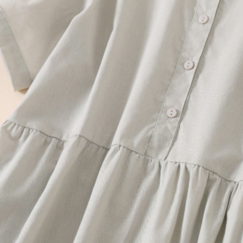 Summer Buttons Design Short Sleeve Cotton Linen Midi Dress With Pockets