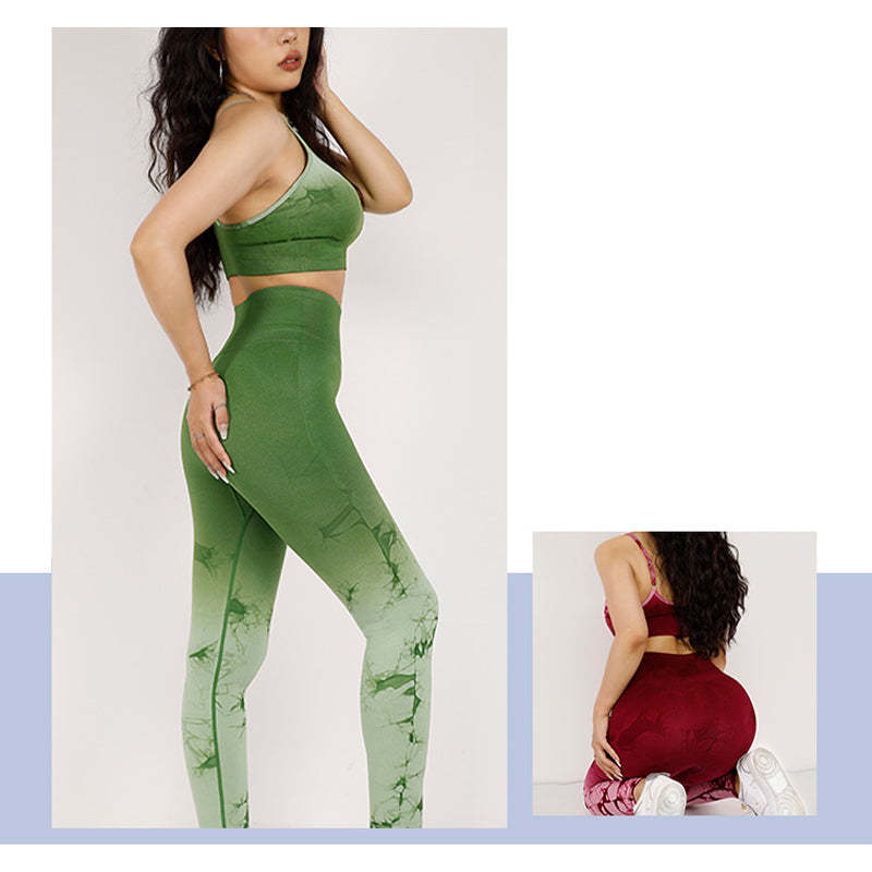 2Pcs Simple Tie Dye Print Crop Tank Top High Waist Pants Sports Gym Outfits Women's Yoga Sets