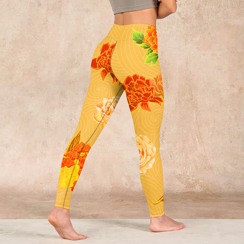 Vibrant Rose Flowers Print Gym Leggings Women's Yoga Pants