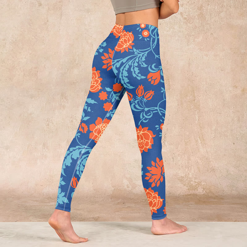 Steel Blue Red Tulips Flowers Leaves Print Gym Leggings Women's Yoga Pants