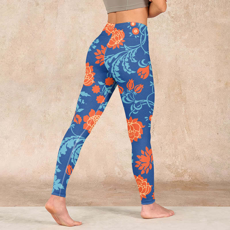 Steel Blue Red Tulips Flowers Leaves Print Gym Leggings Women's Yoga Pants