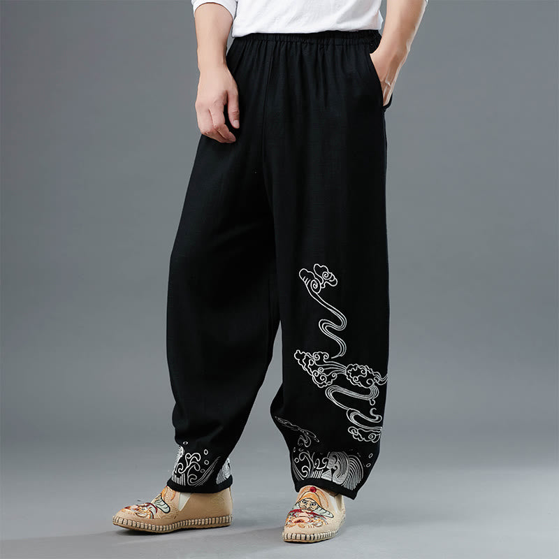 Clouds Elastic Waist Ethnic Cotton Men's Pants With Pockets