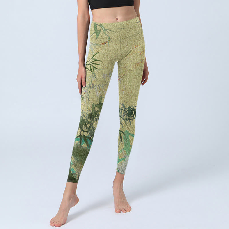 Bamboo Print Lycra Fabric Fitness Leggings Women's Yoga Pants