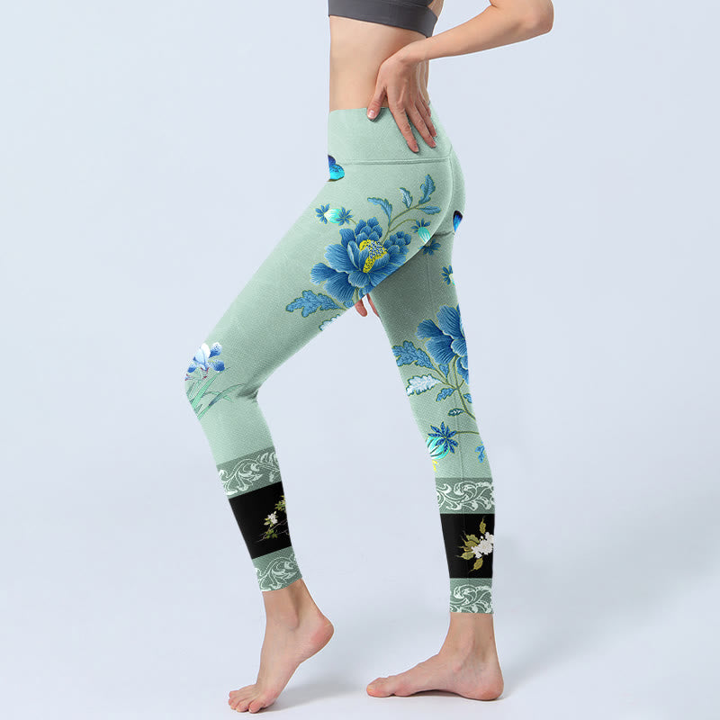 Mint Green Blue Peony Butterfly Print Sports Leggings Women's Yoga Pants