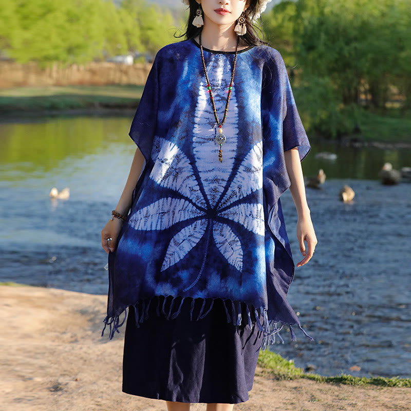 Blue Batik Shawl Tassels Maple Leaf Cozy Travel Pullover 95*90cm
