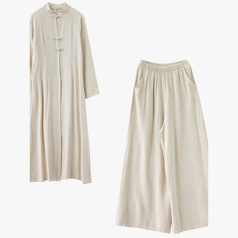 2Pcs Chinese Frog Button Design Zen Tai Chi Meditation Clothing Cotton Linen Top Pants Women's Set