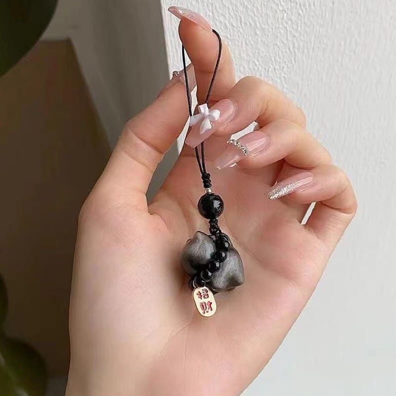 Silver Sheen Obsidian Black Obsidian Gold Sheen Obsidian Cute Cat Fu Character Protection Key Chain Phone Hanging Decoration