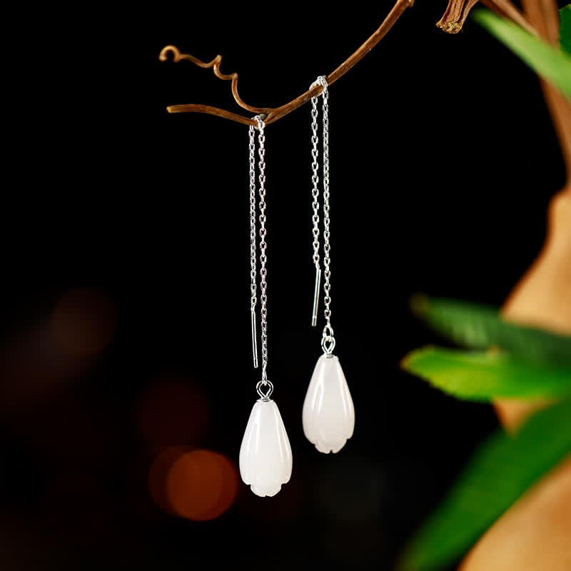925 Sterling Silver White Jade Magnolia Flower Happiness Drop Earrings