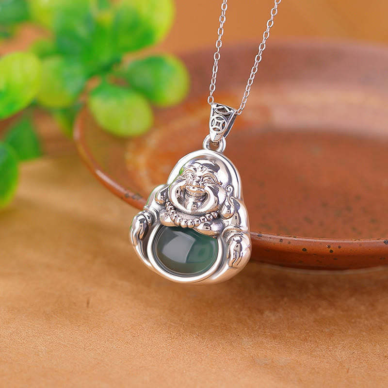 999 Sterling Silver Laughing mystic zen Cyan Jade Lotus Success Necklace Chain Pendant