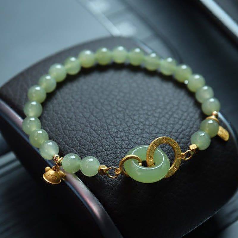 925 Sterling Silver Plated Gold Natural Hetian Jade Bead Gourd Lotus Bamboo Fu Character Luck Bracelet