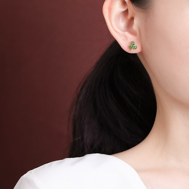 925 Sterling Silver Enamel Hetian Jade Shamrock Luck Earrings