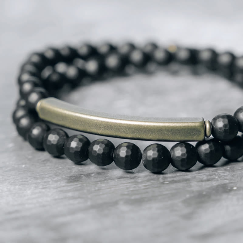 Frosted Cut Surface Black Onyx Copper Brass Double Wrap Protection Bracelet
