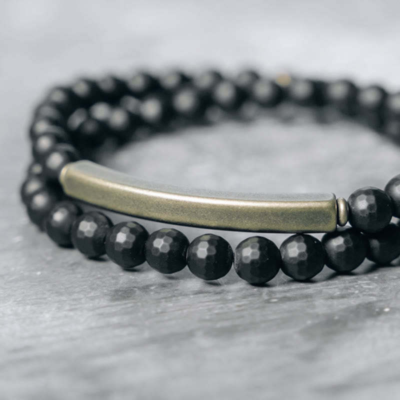Frosted Cut Surface Black Onyx Copper Brass Double Wrap Protection Bracelet